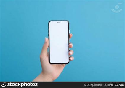 Hand with empty mockup phone on vivid background. Illustration Generative AI
