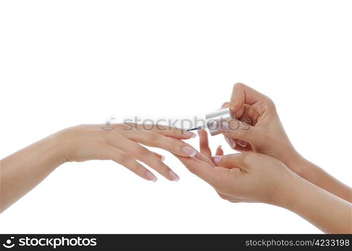 hand with French manicure. Isolated on white background