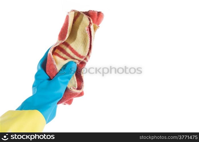 Hand with glove and a cloth cleans dust