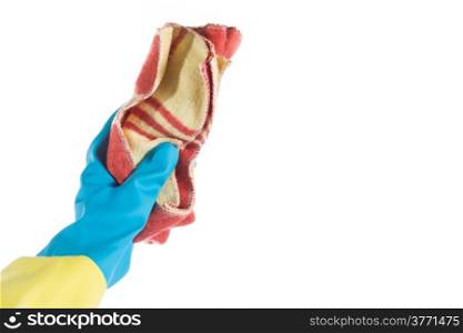 Hand with glove and a cloth cleans dust