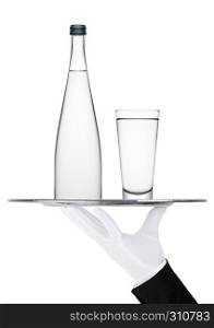 Hand with glove holds tray with bottle and glass of still water on white background