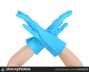 hand with gloves and stopping on white background (with clipping path)