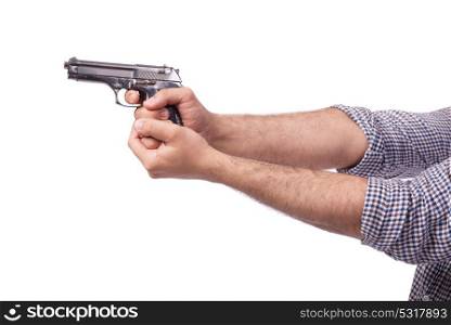 Hand with handgun isolated on white