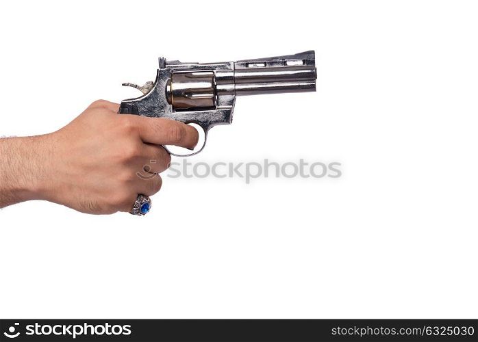 Hand with handgun isolated on white
