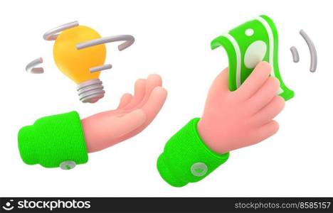Hand with light bulb and money. 3D render icon set isolated on white background. Human character offers creative idea to earn cash. Startup business development, lucrative invention, finance ivestment. Hand with light bulb and money 3D render set