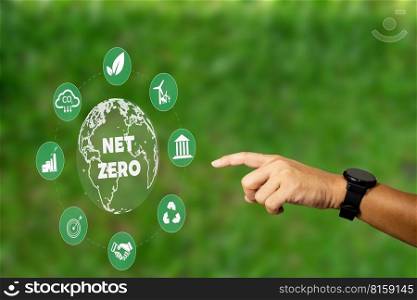 hand with net zero environmental icons CO2 emission reduction icons global warming sustainable development and green business renewable energy clean and friendly environment concept.