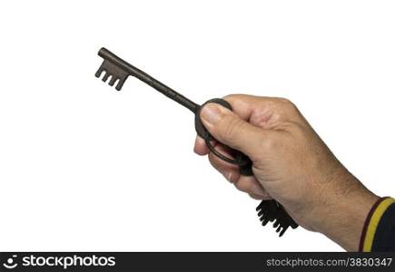 hand with old vintage metal keys isolated on white