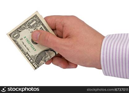 hand with one dollar. isolated on white