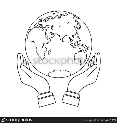 Hand with outstretched palms holds the globe, the globe above the outstretched palms, flat design