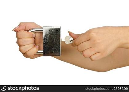Hand with padlock isolated on white