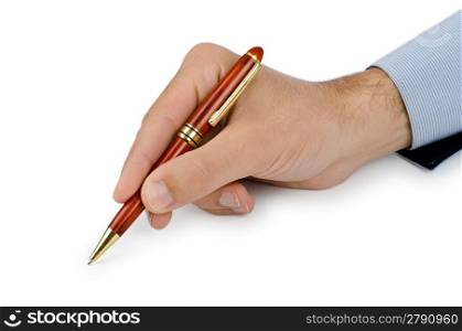 Hand with pen writing on white