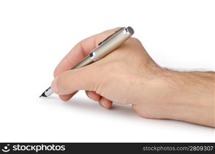 Hand with pen writing on white