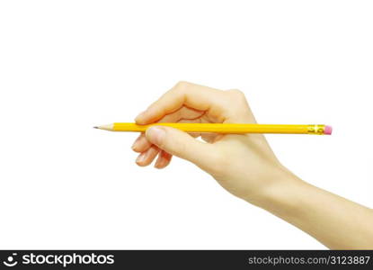 Hand with pencil isolated on white