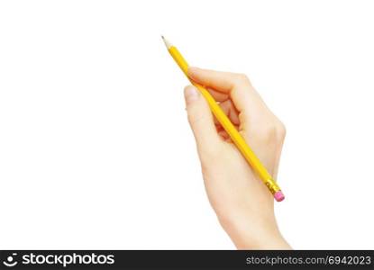 Hand with pencil isolated on white