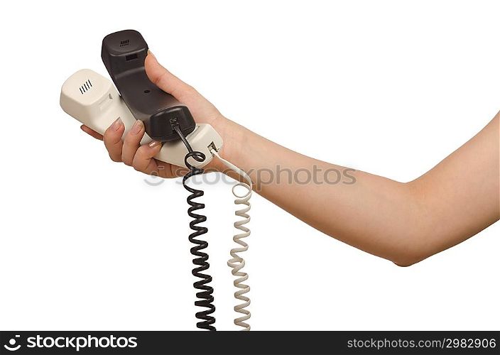 Hand with phone isolated on white