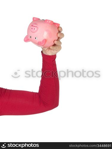 Hand with piggy bank upside down isolated on white background