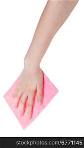 hand with pink cleaning cloth isolated on white background