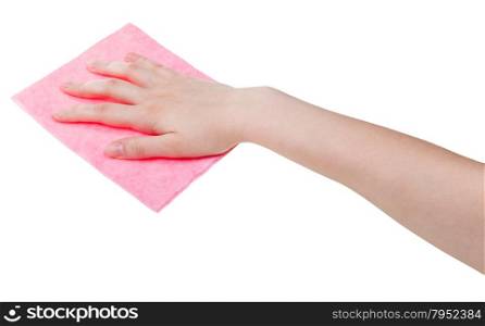 hand with pink cleaning rag isolated on white background