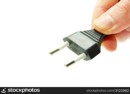 hand with plug over white background