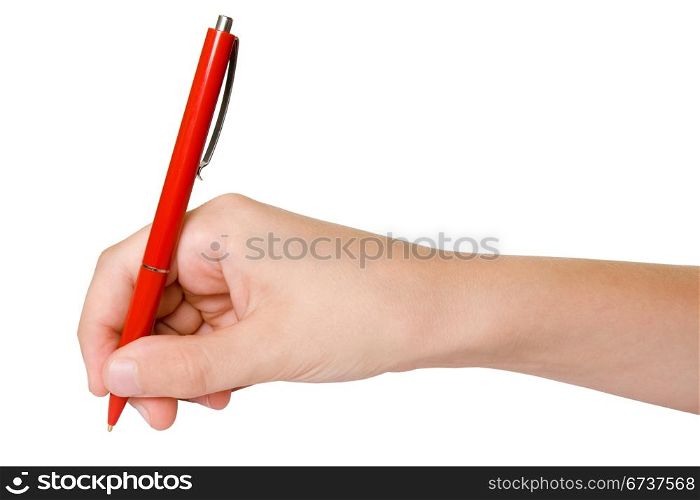 hand with red pen. isolated on white background.