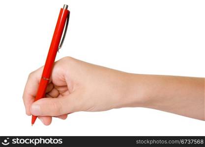hand with red pen. isolated on white background.