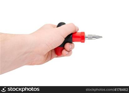 Hand with red screwdriver isolated on a white background