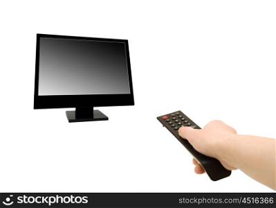 Hand with remote control and television isolated on the white
