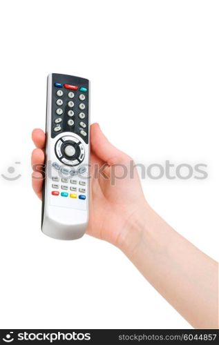 Hand with remote control isolated on white