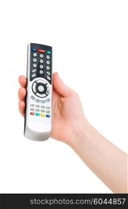 Hand with remote control isolated on white