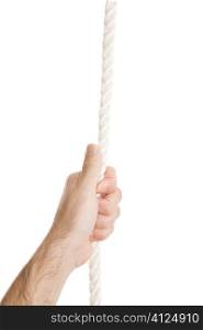 hand with rope isolated on white background, focus point on center of photo