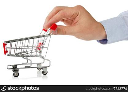 hand with shopping cart over a white background