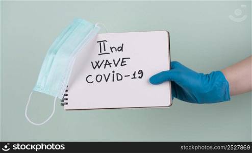 hand with surgical glove holding notebook saying second wave covid