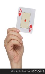 Hand with the ace of hearts on a over white background