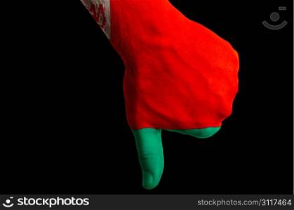 Hand with thumb down gesture in colored belarus national flag as symbol of negative political, cultural, social management of country