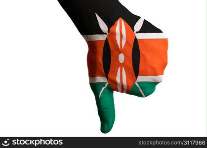 Hand with thumb down gesture in colored kenya national flag as symbol of negative political, cultural, social management of country