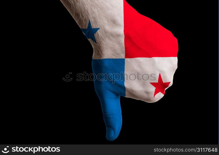 Hand with thumb down gesture in colored panama national flag as symbol of negative political, cultural, social management of country