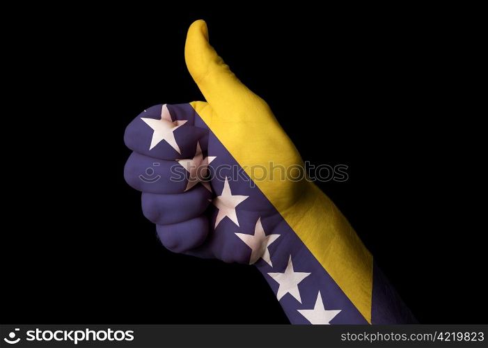 Hand with thumb up gesture colored in bosnia herzegovina national flag as symbol of excellence, achievement, good, - useful for tourism and touristic advertising and also current positive political, cultural, social management of state or country