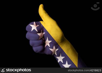 Hand with thumb up gesture colored in bosnia herzegovina national flag as symbol of excellence, achievement, good, - useful for tourism and touristic advertising and also current positive political, cultural, social management of state or country