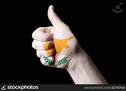 Hand with thumb up gesture colored in cyprus national flag as symbol of excellence, achievement, good, - useful for tourism and touristic advertising and also current positive political, cultural, social management of state or country