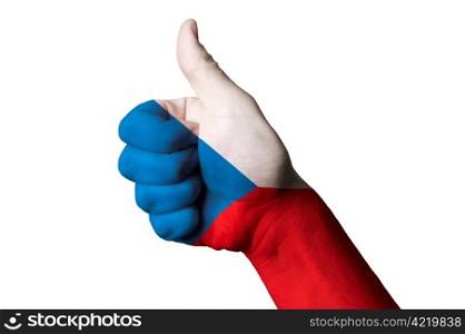 Hand with thumb up gesture colored in czech national flag as symbol of excellence, achievement, good, - useful for tourism and touristic advertising and also current positive political, cultural, social management of state or country