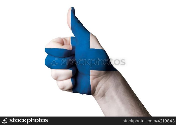Hand with thumb up gesture colored in finland national flag as symbol of excellence, achievement, good, - useful for tourism and touristic advertising and also current positive political, cultural, social management of state or country