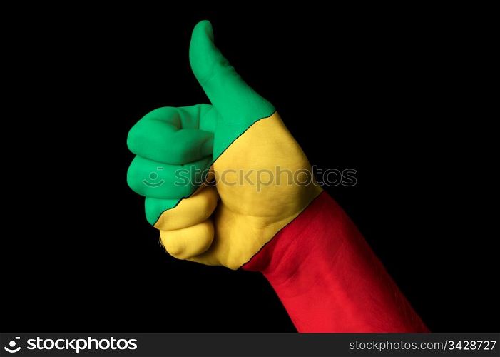 Hand with thumb up gesture in colored congo national flag as symbol of excellence, achievement, good, - for tourism and touristic advertising, positive political, cultural, social management of country