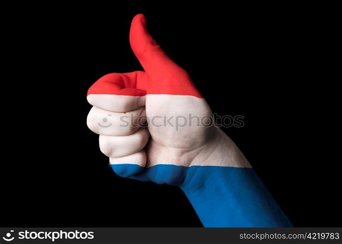 Hand with thumb up gesture in colored luxembourg national flag as symbol of excellence, achievement, good, - useful for tourism and touristic advertising and also current positive political, cultural, social management of state or country