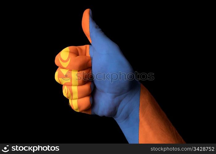 Hand with thumb up gesture in colored mongolia national flag as symbol of excellence, achievement, good, - for tourism and touristic advertising, positive political, cultural, social management of country