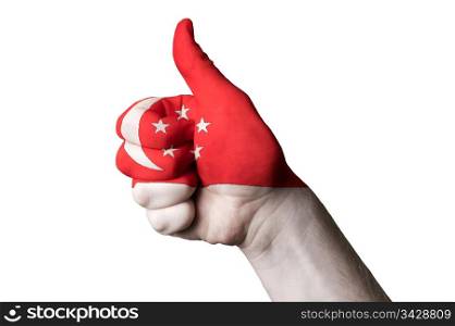 Hand with thumb up gesture in colored singapore national flag as symbol of excellence, achievement, good, - for tourism and touristic advertising, positive political, cultural, social management of country