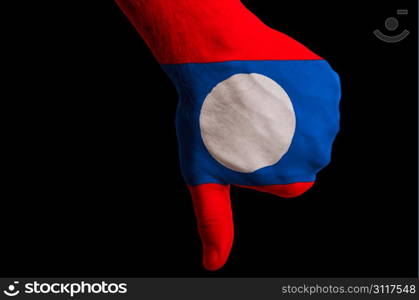 Hand with thumbs down gesture in colored laos national flag as symbol of negative political, cultural, social management of country