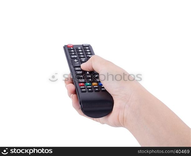 hand with tv remote control isolated on white background