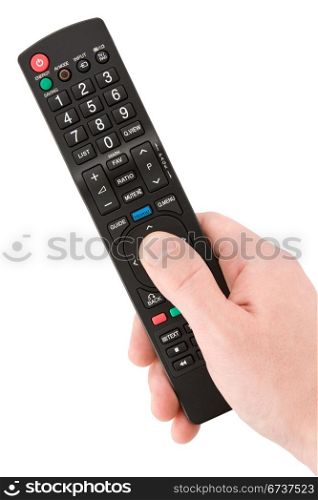 hand with TV remote control. isolated on white background