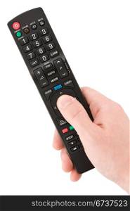hand with TV remote control. isolated on white background