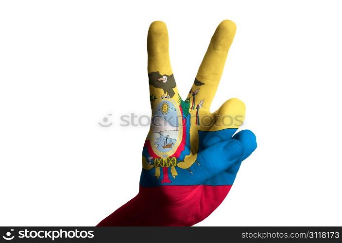 Hand with two finger up gesture in colored ecuador national flag as symbol of winning, victorious, excellent, - for tourism and touristic advertising, positive political, cultural, social management of country